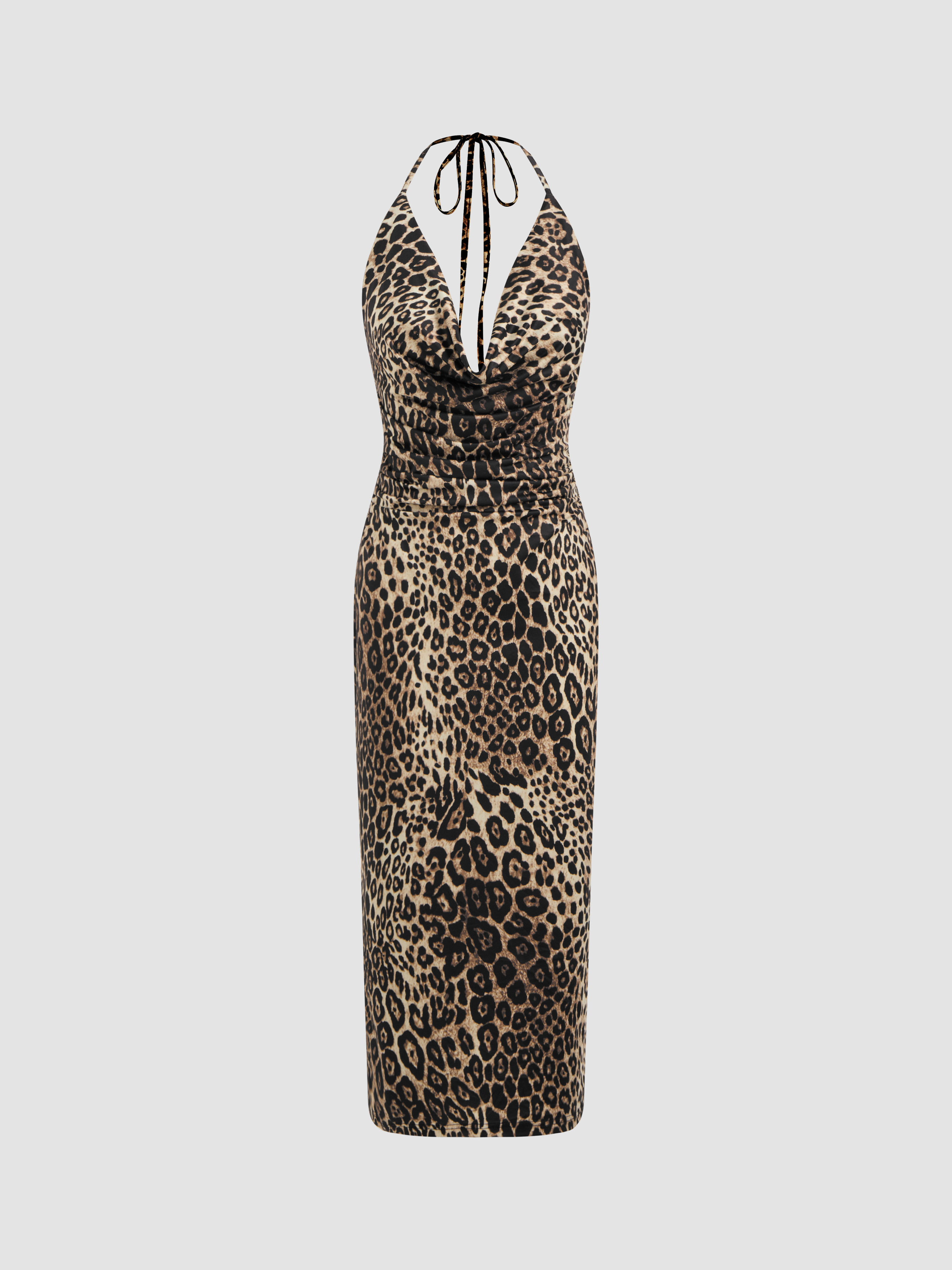 Knit Fabric Cowl Neck Leopard Knotted Halter Backless Maxi Dress For Party/Clubbing | Cider