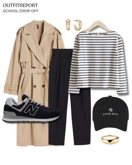 Trench coat outfit striped jumper top sweater new balance sneakers trainers hat trousers gold jewellery

#LTKshoecrush #LTKstyletip #LTKworkwear