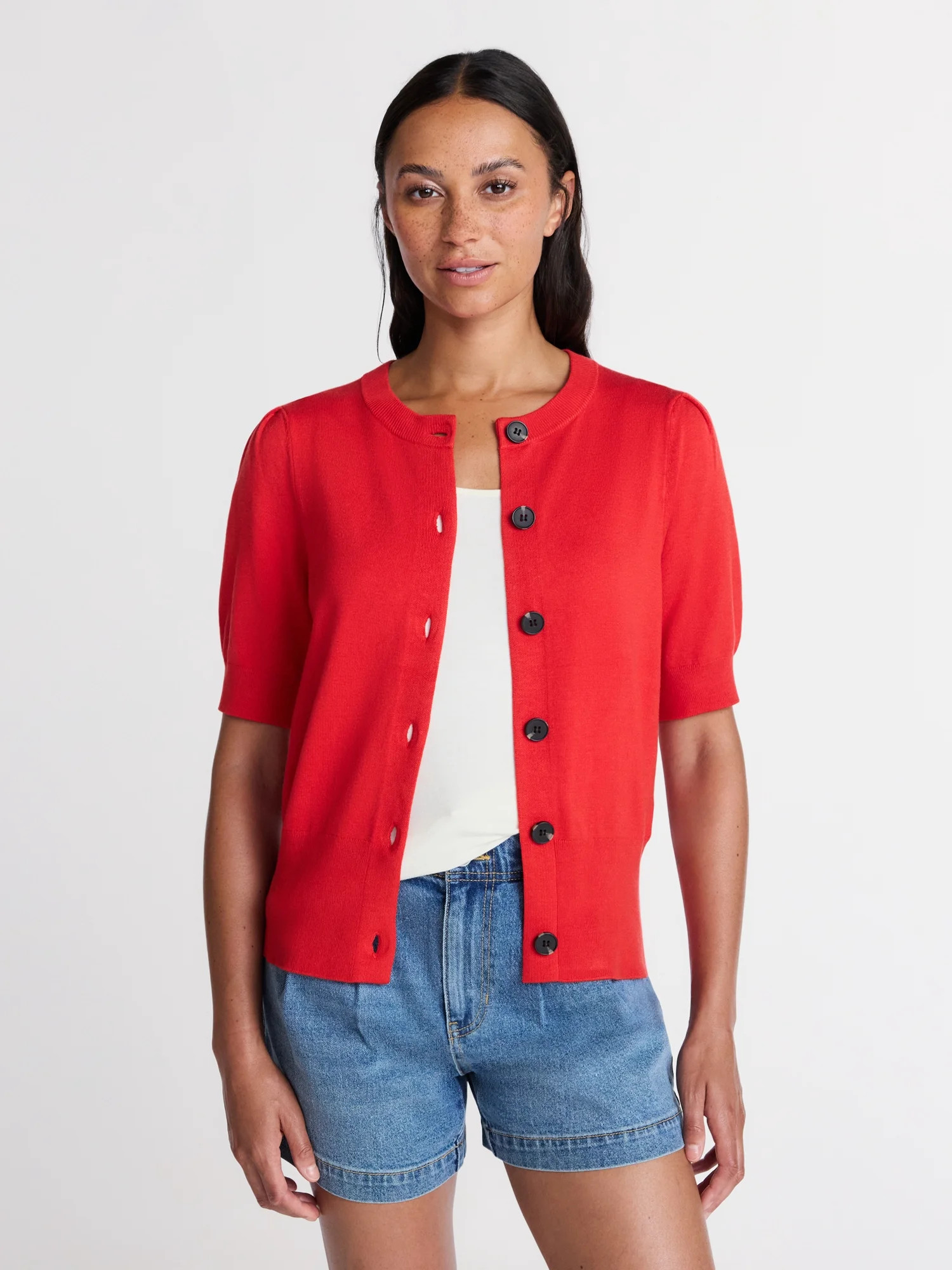 Time and Tru Woman's Crew Cardigan with Short Sleeves, Sizes XS-XXXL | Walmart (US)