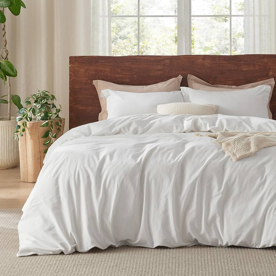 Bedsure 100% Washed Cotton Duvet Cover Queen Size - Natural White Minimalist Duvet Cover for All ... | Amazon (US)
