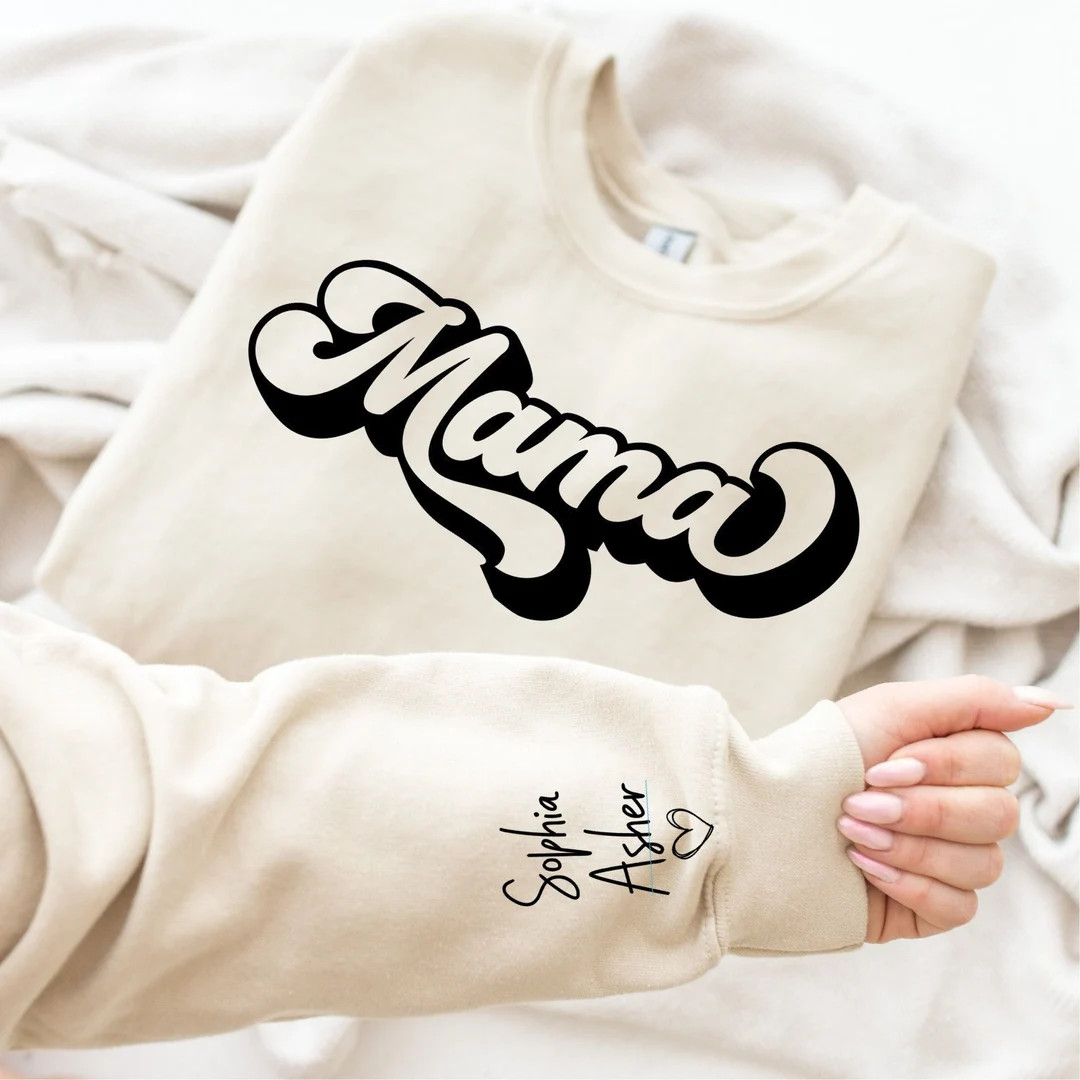 Personalized Retro Style "Mama" Crewneck Sweatshirt, Unisex Sizes S-2XL, Customizable Sleeve with... | Etsy (US)