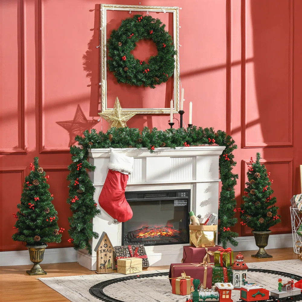 4-Piece Christmas Set with LED Lights, Red Berries, Pine Cones, and Green Foliage for Festive Dec... | Wayfair North America