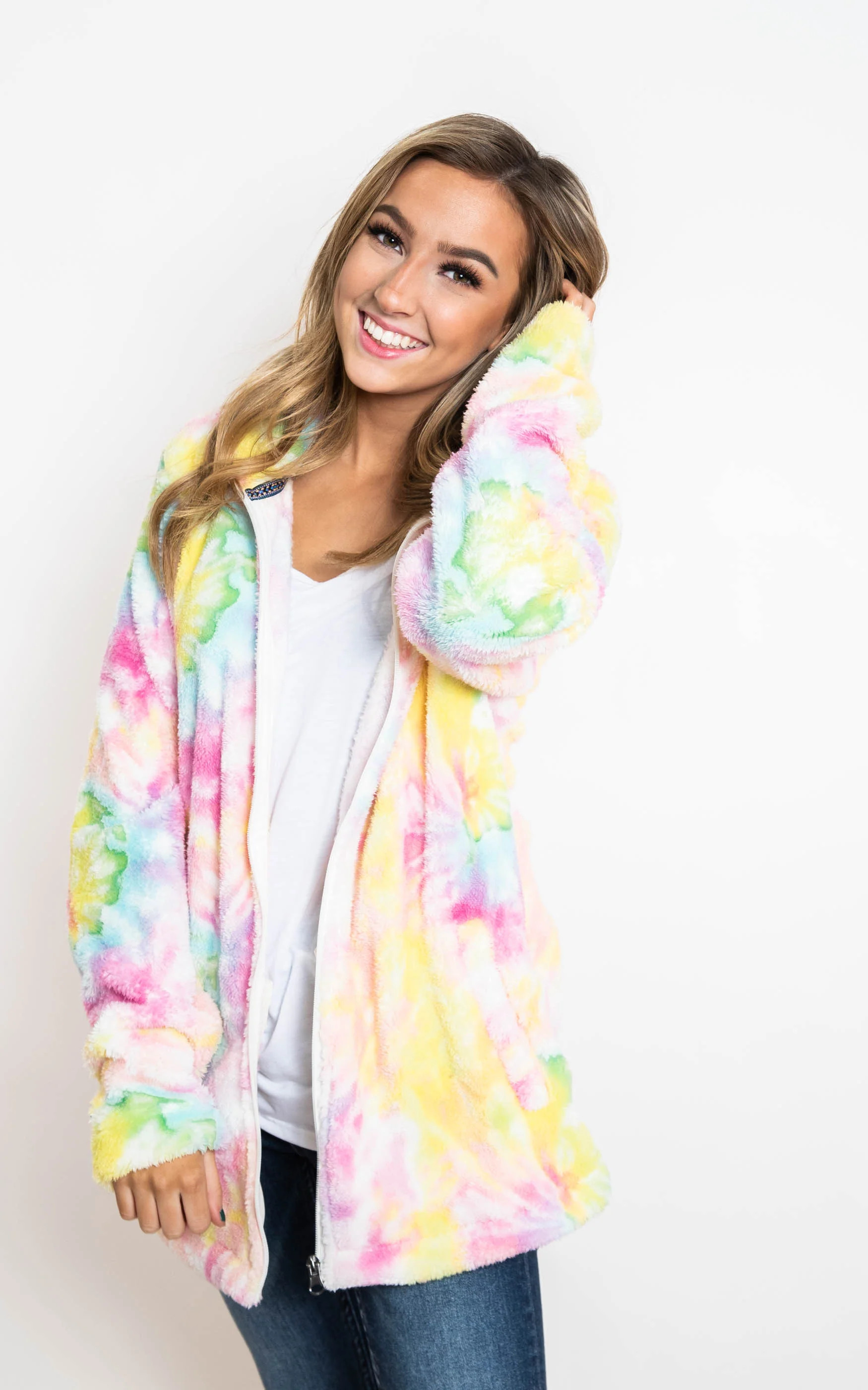 Pink Friday: Tie Dye Zip Up Sherpa Jacket - Multi | BAD HABIT BOUTIQUE