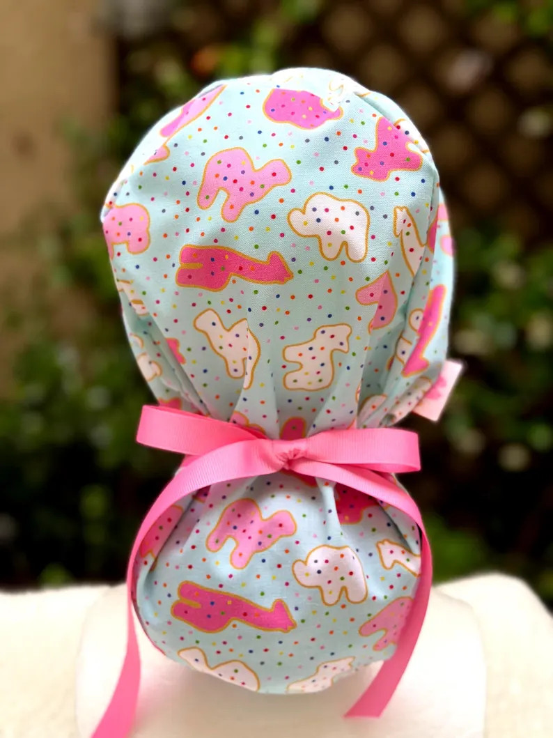 Animal Crackers Blue Cotton Ponytail Scrub Cap, Satin Lined Nurse Cap | Etsy (Global)