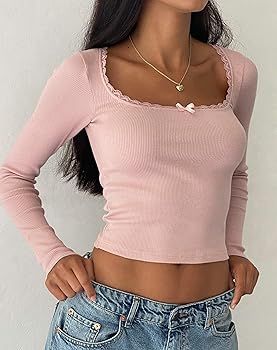 Women Y2k Crop Tops Long Sleeve Square Neck Ribbed Slim Fitted T-Shirt Tops Retro Streetwear | Amazon (US)