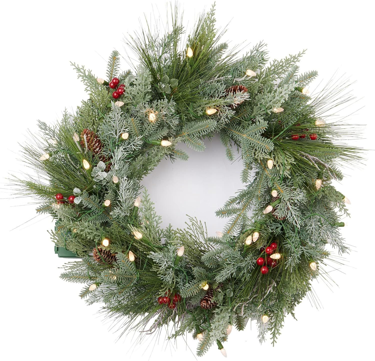 AMERZEST Pre-lit Christmas Wreath with Decorated with Flocked Branches,Berries and Pine Cones,24 ... | Amazon (US)