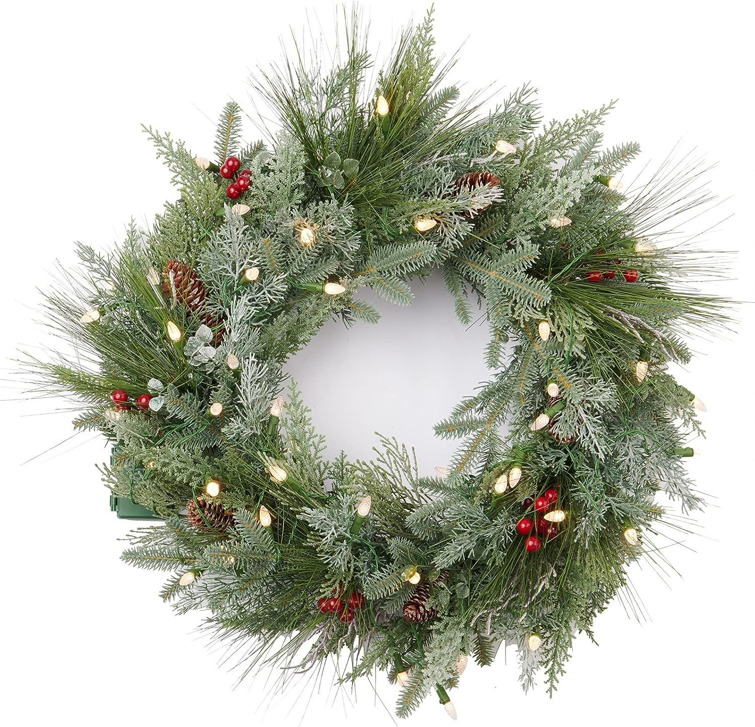 Amazon.com: AMERZEST Pre-lit Christmas Wreath with Decorated with Flocked Branches,Berries and Pi... | Amazon (US)