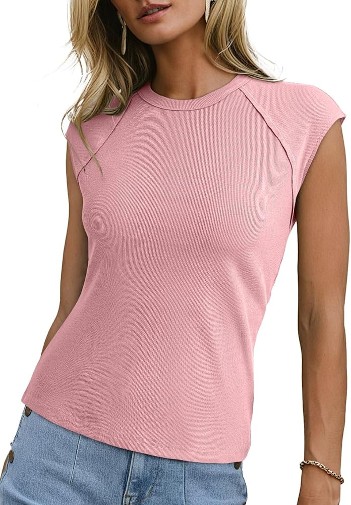 Sidefeel Womens Tops Casual Crewneck Cap Sleeve Tops Ribbed Raw Hem Summer T Shirts Slim Fit Basi... | Amazon (US)