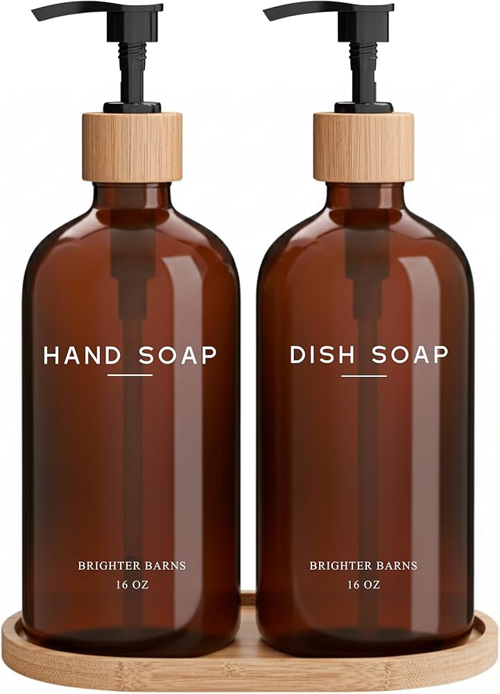 Amber Glass Hand and Dish Soap Dispenser Set by Brighter Barns - Kitchen Soap Dispenser Set with ... | Amazon (US)
