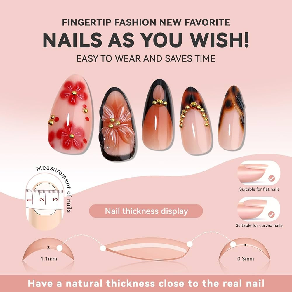 3D Brown Flower Press On Nails Medium Almond-Glossy Brown Leopard French Tip Fake Nail Fall Autum... | Amazon (US)