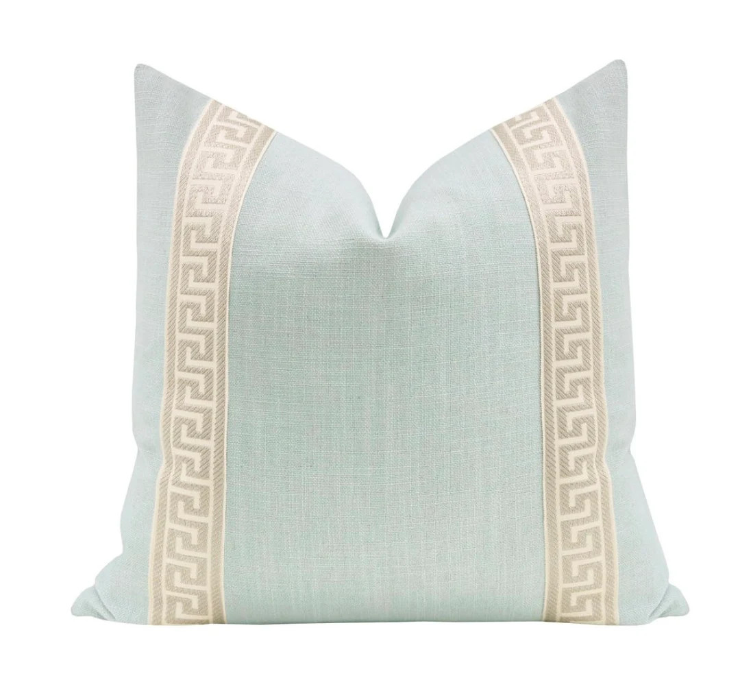 Signature Linen // Spa Blue + Greek Key Trim // Cashmere Pillow COVER ONLY | abstract linen patte... | Etsy (US)