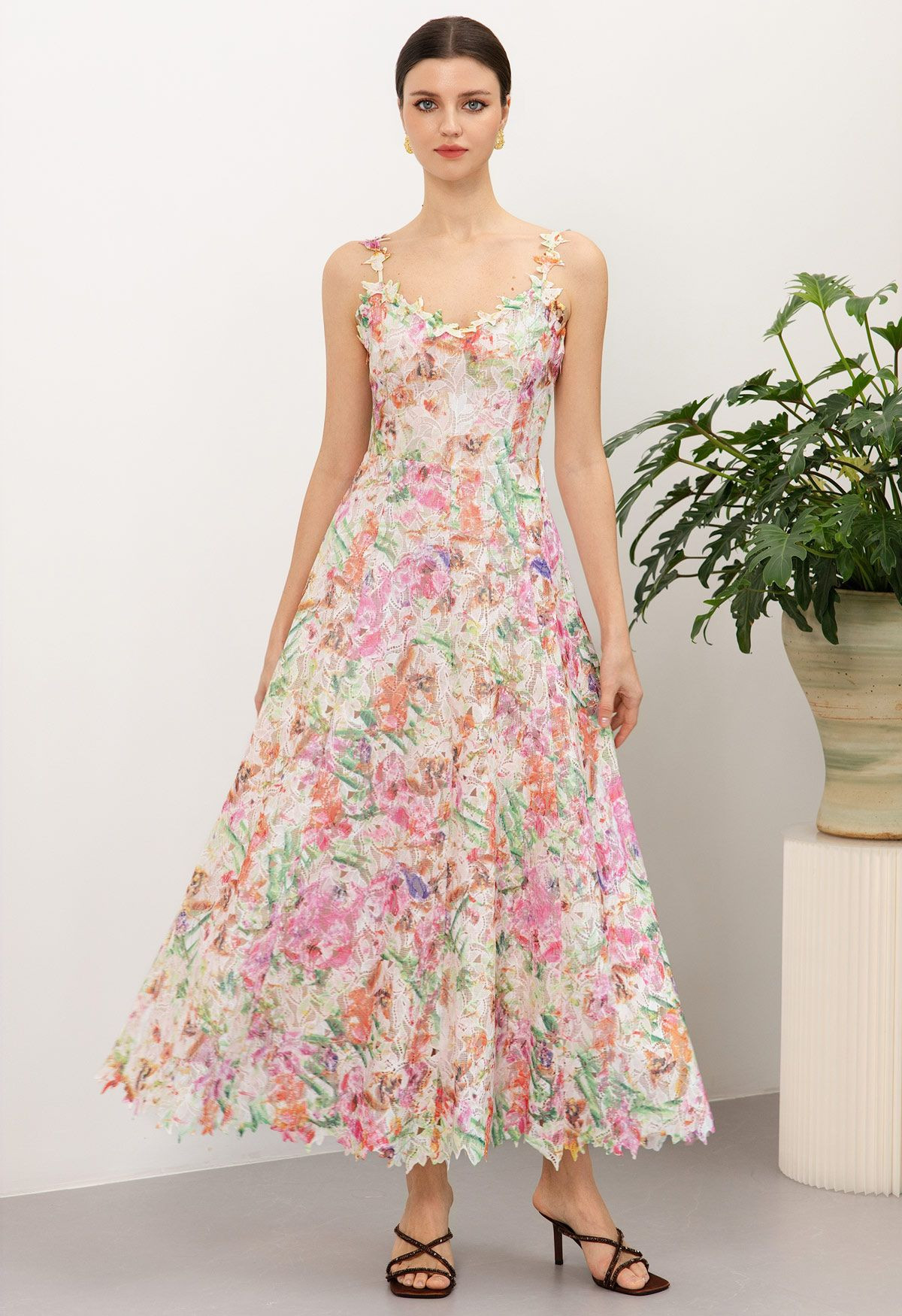 Pastel Garden Lace A-Line Cami Maxi Dress in Pink for Garden Brunches & Vacation Strolls | Chicwish