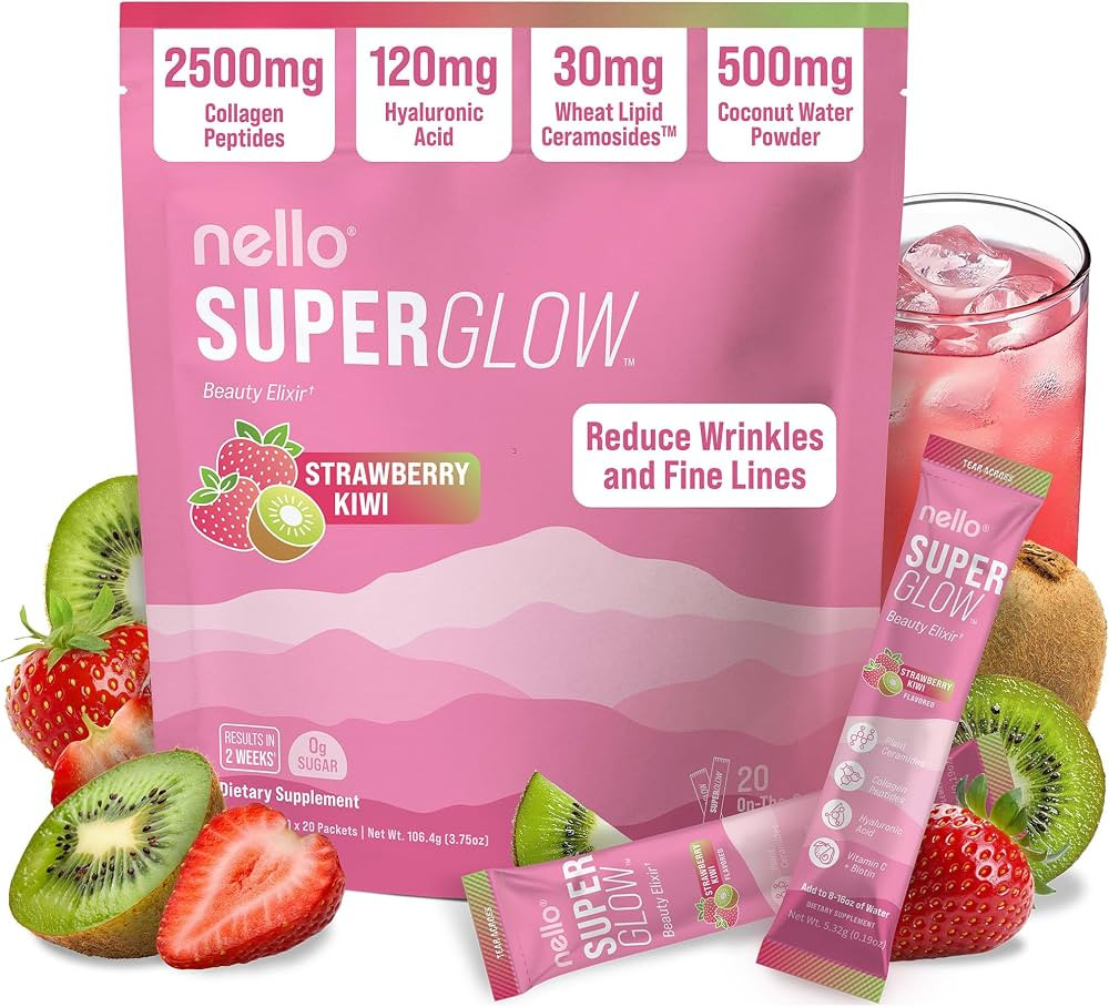 Nello Superglow Powdered Drink Mix, Skin Hydration, Glow & Hair Support, Collagen Peptides, Hyalu... | Amazon (US)