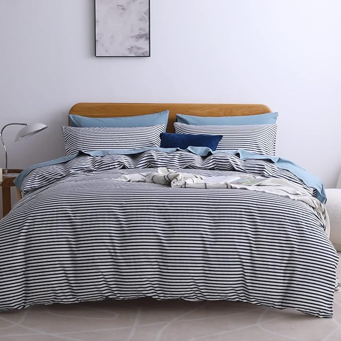 JELLYMONI 100% Natural Cotton 2pcs Striped Duvet Cover Sets,White Duvet Cover with Navy Blue Stri... | Amazon (US)