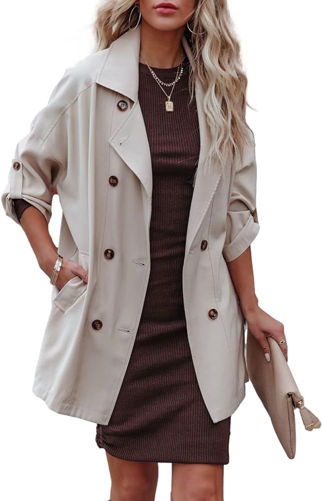 Peaceglad Women's Casual Double Breasted Long Sleeve Trench Coat Lapel Solid Color Loose Jacket Coat | Amazon (US)