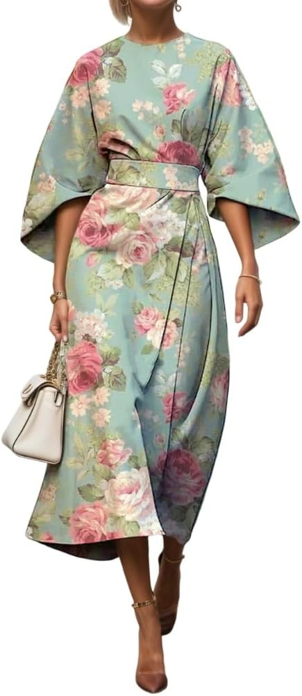 TIAFORD Women's Spring Summer Elegant Floral Print Empire Waist Dress Casual Cute Crew Neck Loose... | Amazon (US)