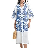 D-Sun Women Floral Embroidery Mid Dress Casual V-Neck 3/4 Sleeves Fall Winter Tunic Loose Zip Par... | Amazon (US)