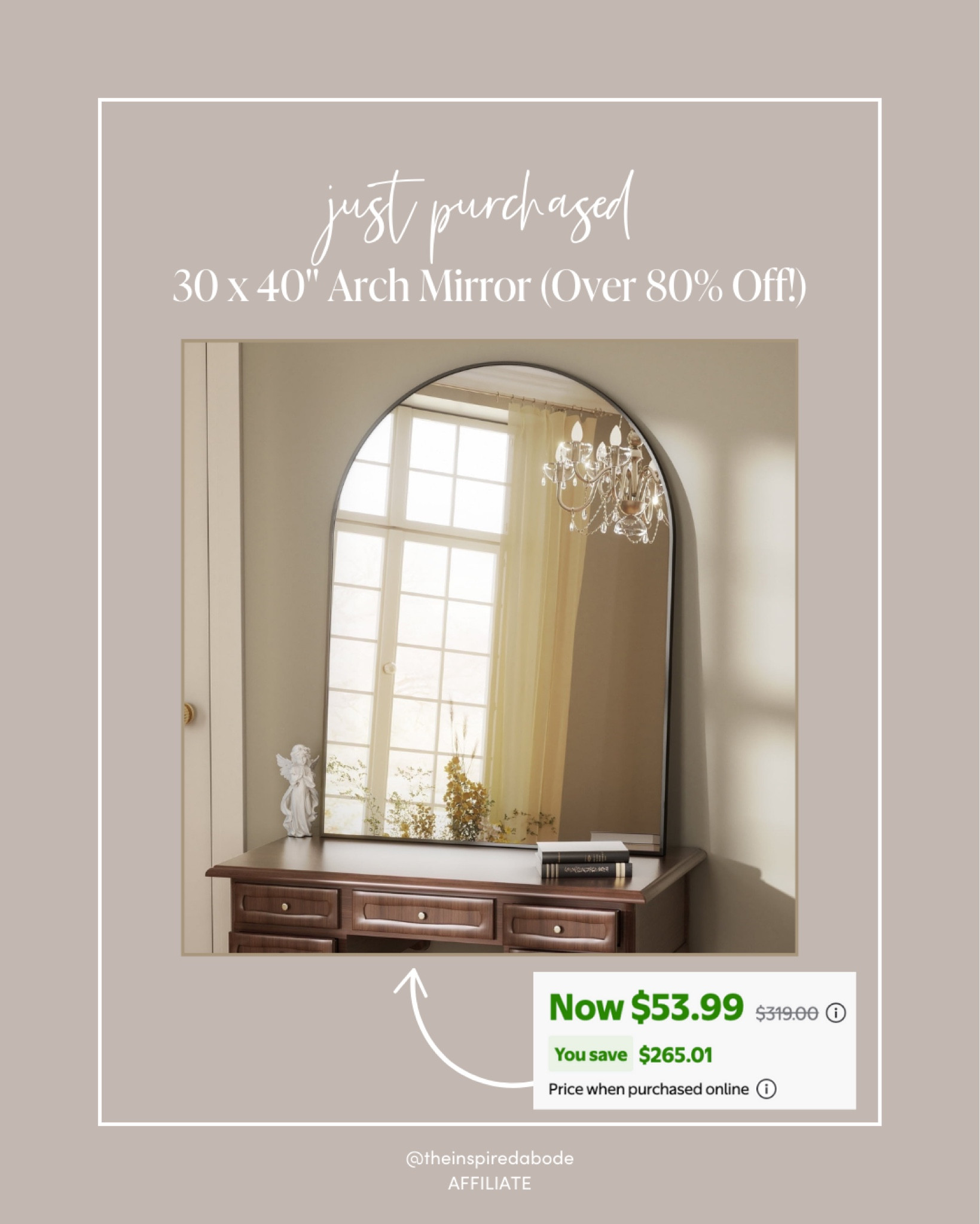Don’t question it, just buy it like I did! It’s too big of a deal to pass up 🖤

We have been searching for months to find a 40” tall arch mirror for above the console table in our living room to match the height of our artwork on the same wall & stumbled upon this fave on SUPER SALE!! 👏🏻 Originally $319 & on sale for $53.99! 

#LTKFindsUnder100 #LTKHome #LTKSaleAlert