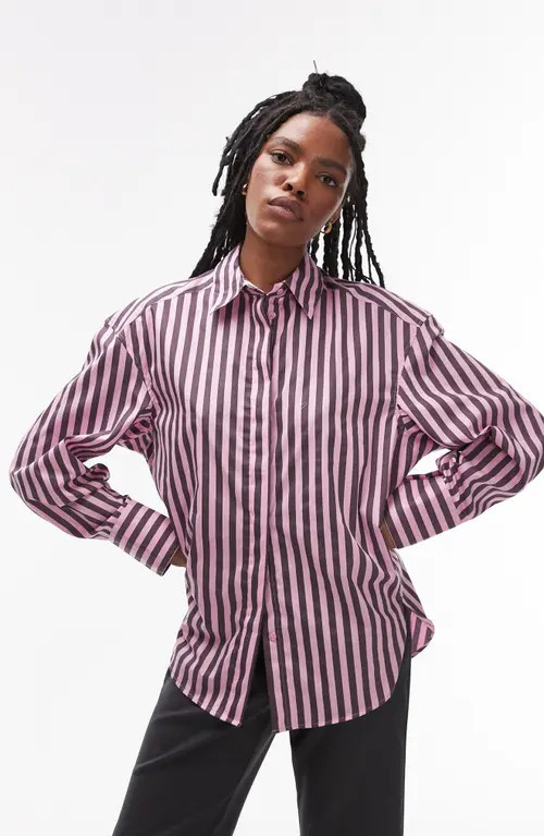 Topshop Stripe Cotton Poplin Button-Up Shirt in Pink Multi at Nordstrom, Size Large | Nordstrom
