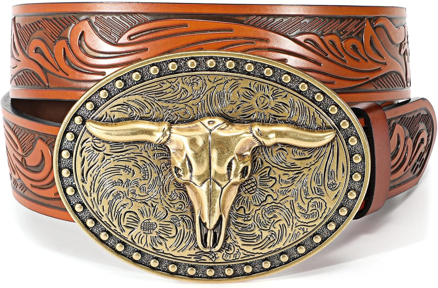 Cowboy Belt Western Belts for Men Women Cowgirl Rodeo Large Bull Buckle Western Leather Belt for ... | Amazon (US)