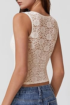 QINSEN Women's Lace Trim Square Neck Sleeveless Double-Layer Tank Top | Amazon (US)