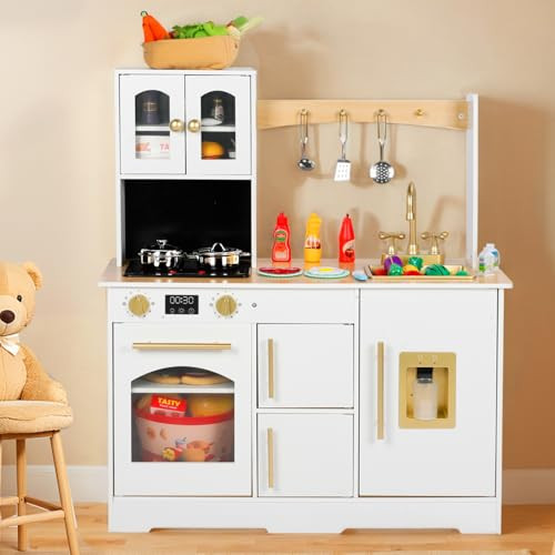 Kinder King Wooden Kids Play Kitchen, Toy Kitchen Playset for Toddler, Realistic Kitchen Sets w/Lights & Sounds, Pretend Ice Maker, Oven, Stove, Kitchen Accessories, Gift for Boys Girls Age 3+, Gold | Amazon (US)
