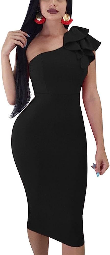 Mokoru Women's Sexy Ruffle One Shoulder Sleeveless Bodycon Party Club Midi Dress | Amazon (US)