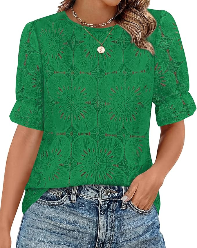 KIRUNDO Lace Tops for Women Blouses Dressy Casual Eyelet Puff Short Sleeve Shirts Boho Embroidere... | Amazon (US)