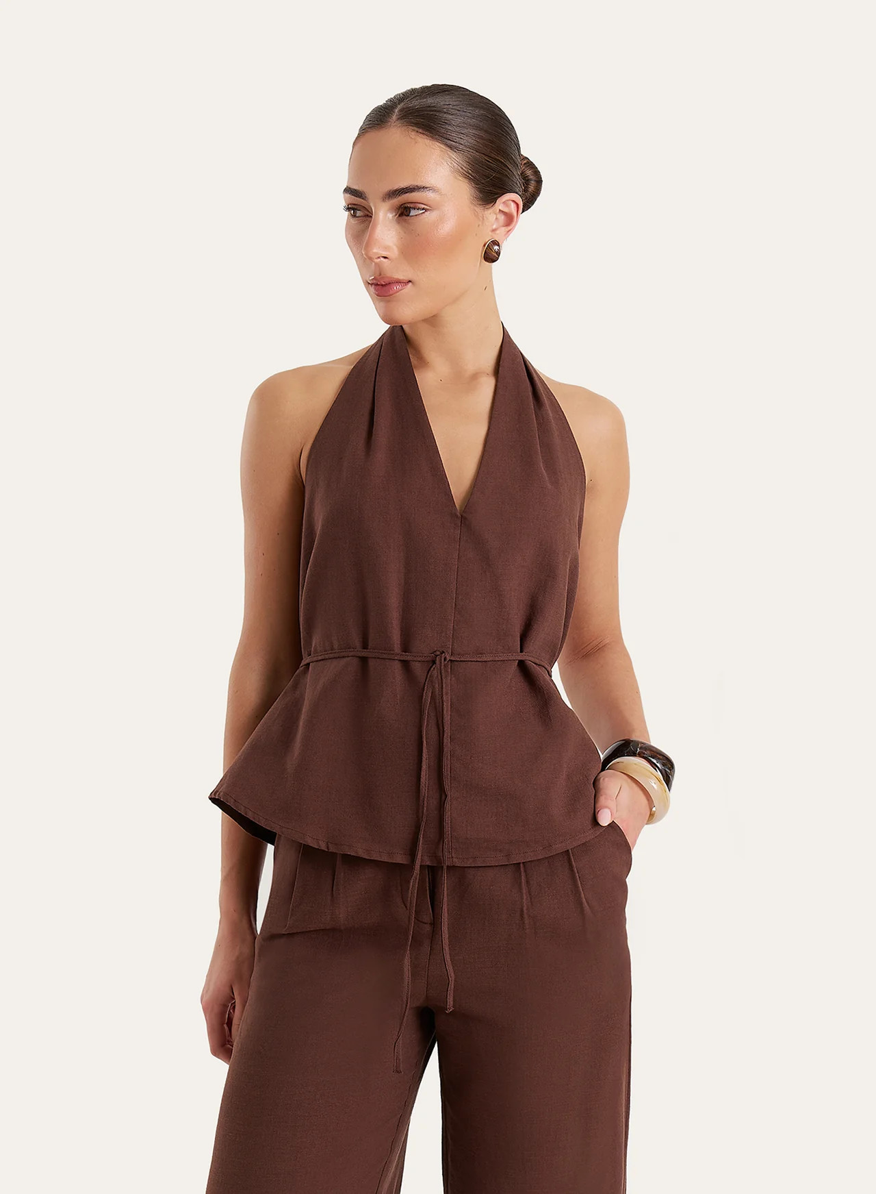 Women's Brown Linen Blend Halterneck Sleeveless Peplum Top | Lennie | 4th & Reckless | 4th & Reckless
