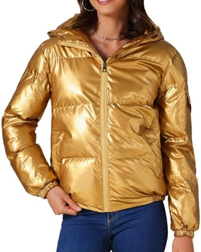 Allegra K Women's Metallic Coats Winter Holographic Shiny Party Puffer Jacket with Hood | Amazon (US)