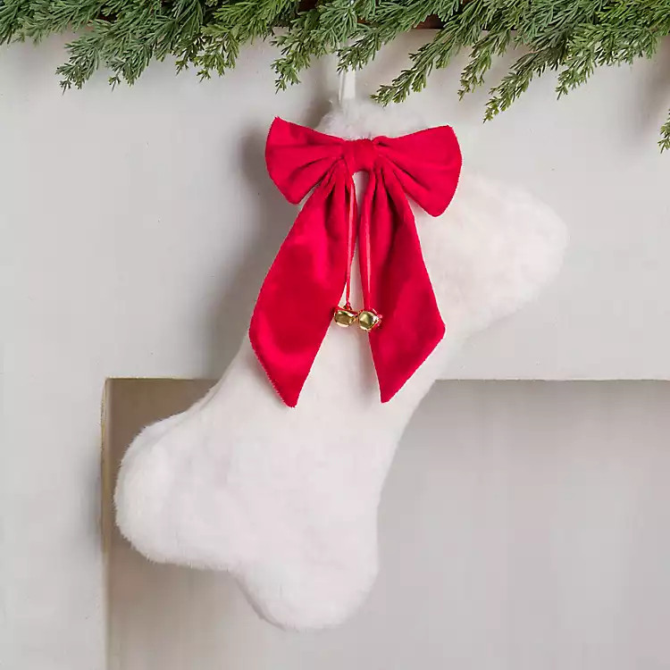 Cream Faux Fur Dog Bone Stocking | Kirklands
