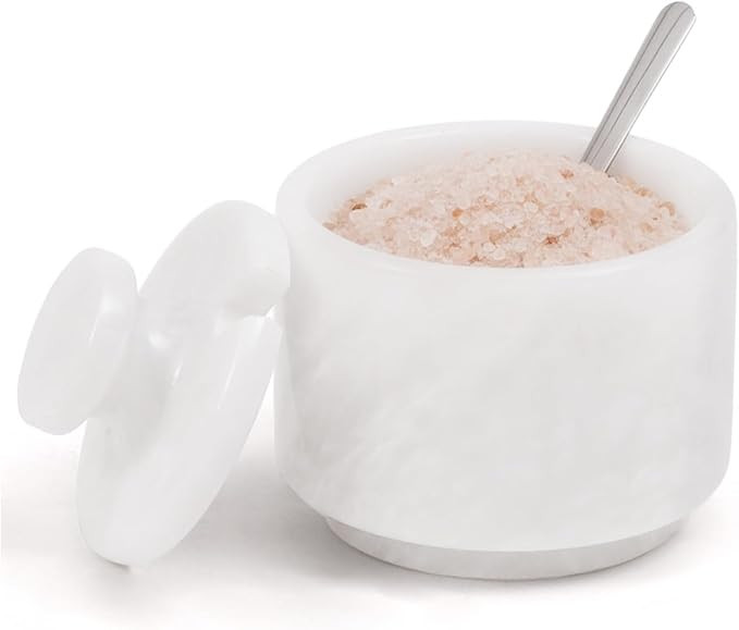 MARBLOUS KRAFTS Marble Salt Cellar with Lid & Spoon 3' White Small Flaky Salt Container, Seasonin... | Amazon (US)