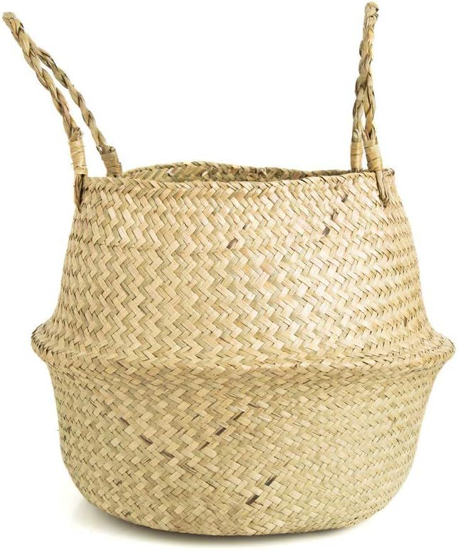 AXIESO Large Hand Woven Seagrass Wicker Basket for Plants - Boho Belly Plant Baskets for Shelves ... | Amazon (US)
