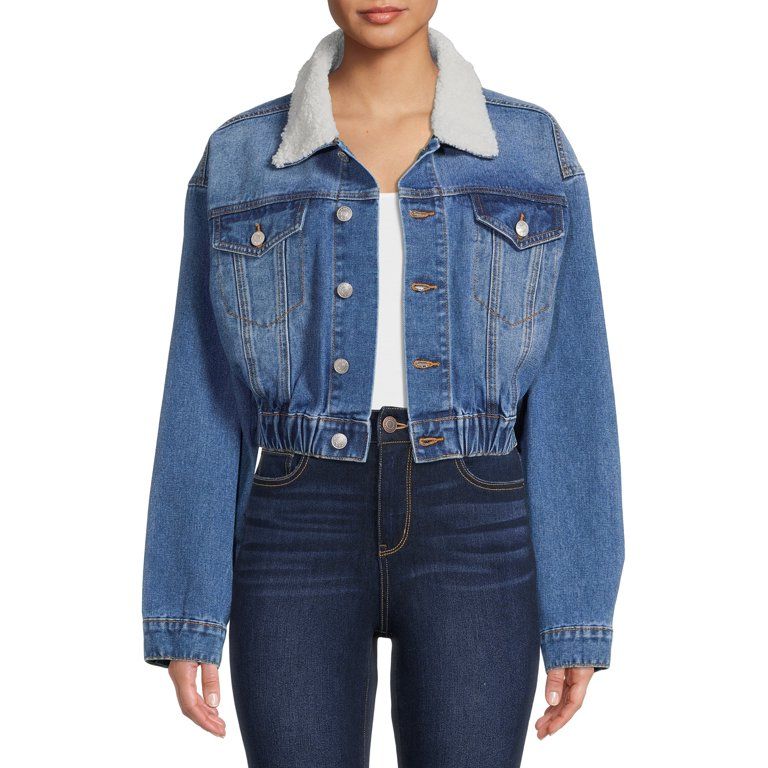 Madden NYC Women's and Junior's Cropped Denim Jacket with Faux Sherpa Collar - Walmart.com | Walmart (US)