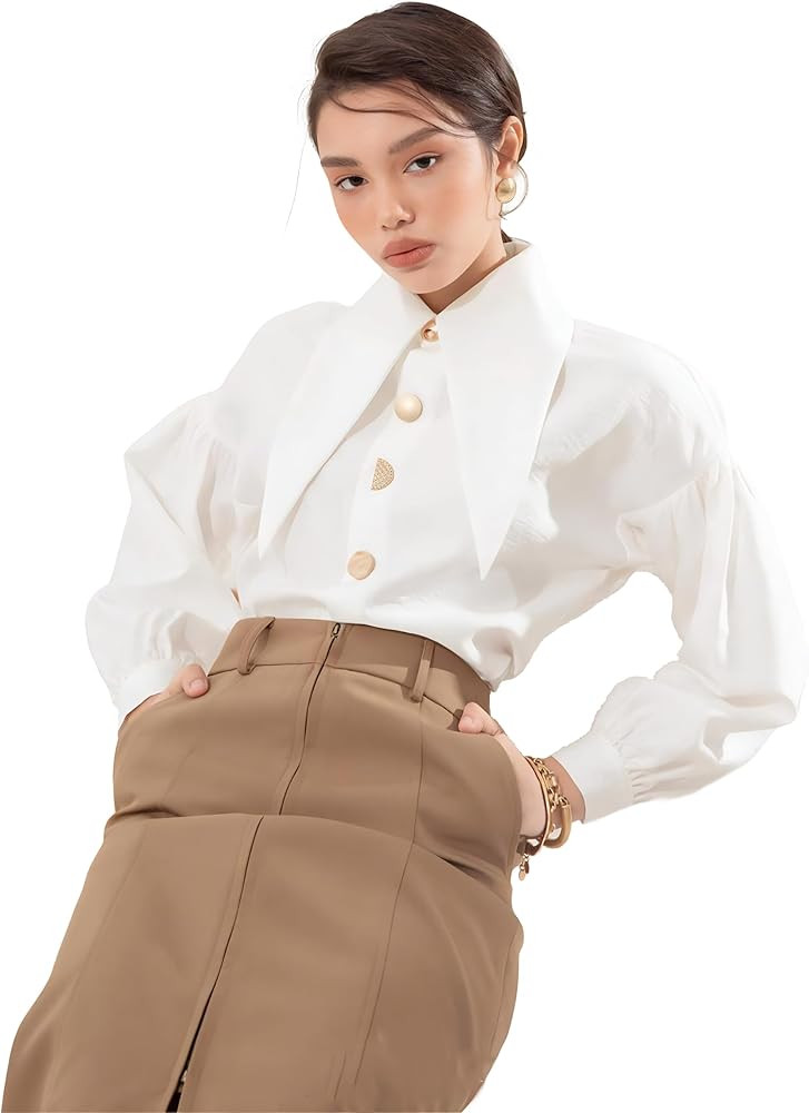 Big Pointed Collar Linen Blouse Cotton Poplin Women Shirt with Long Bishop Sleeves | Amazon (US)