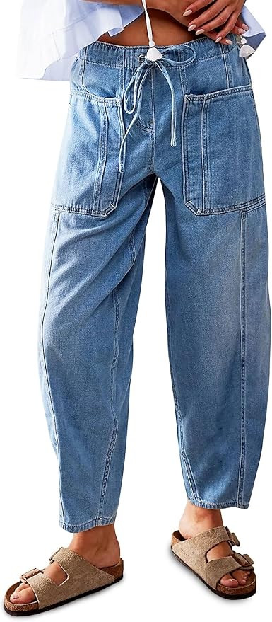 Barrel Jeans for Women Stretch Elastic Waist Pull-on Wide Leg Baggy Pants Lightweight Casual Crop... | Amazon (US)