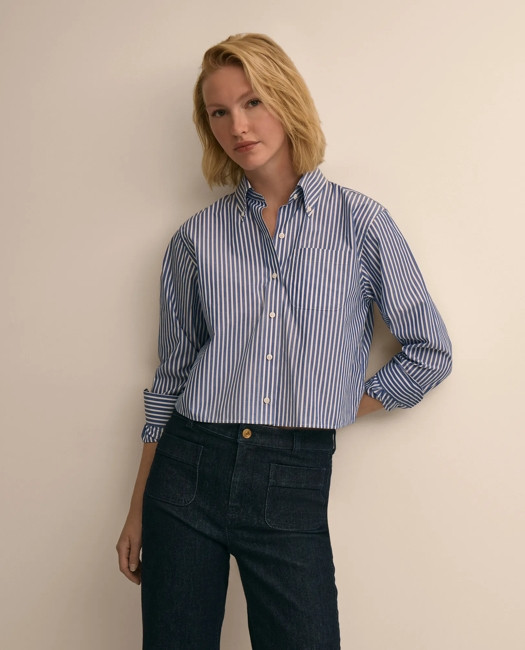 Brooks Brothers Women's The Cropped Button-Down Shirt | Blue/White | Size Large | Brooks Brothers
