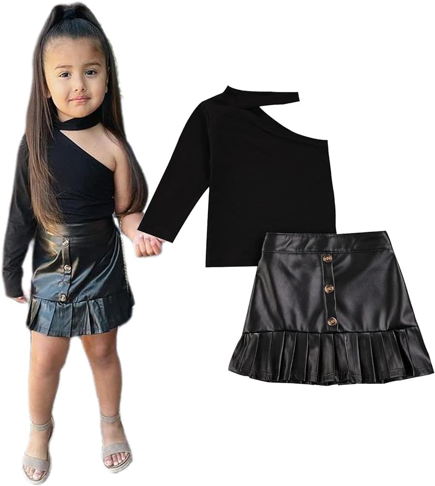 2PCS Toddler Baby Girl One Sleeve Off Shoulder Shirt Top + A-Line Ruffles Hem Leather Skirt Outfi... | Amazon (US)