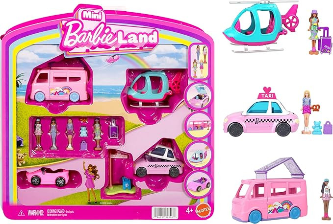 Barbie Mini Land 4-Pack, Set with 4 1.5-inch Mini Dolls, 4 Toy Vehicles & Themed Accessories, Inc... | Amazon (US)