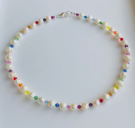 Rainbow Pearl Necklace with Multicolor Swarovski Crystal Beads | Trendy Pearl Necklaces - Jewelry | Etsy (US)