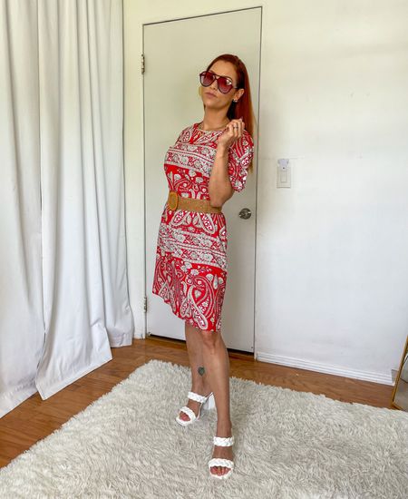 crew neck short sleeve summer dress with belt outfit with chunky heels and aviator sunglasses Wearing size small, dress is TTS. Summer fits | summer dress | summer outfit | summer dress outfit | summer outfit idea  | summer outfit | summer dress | 

#LTKStyleTip #LTKFindsUnder100 #LTKFindsUnder50