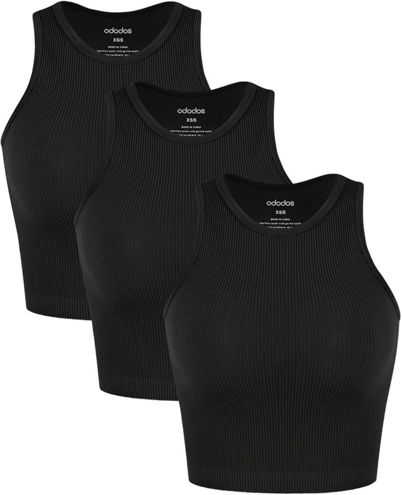 ODODOS 3-Pack Seamless Crop Tank for Women Ribbed Soft High Neck Cropped Tops | Amazon (US)
