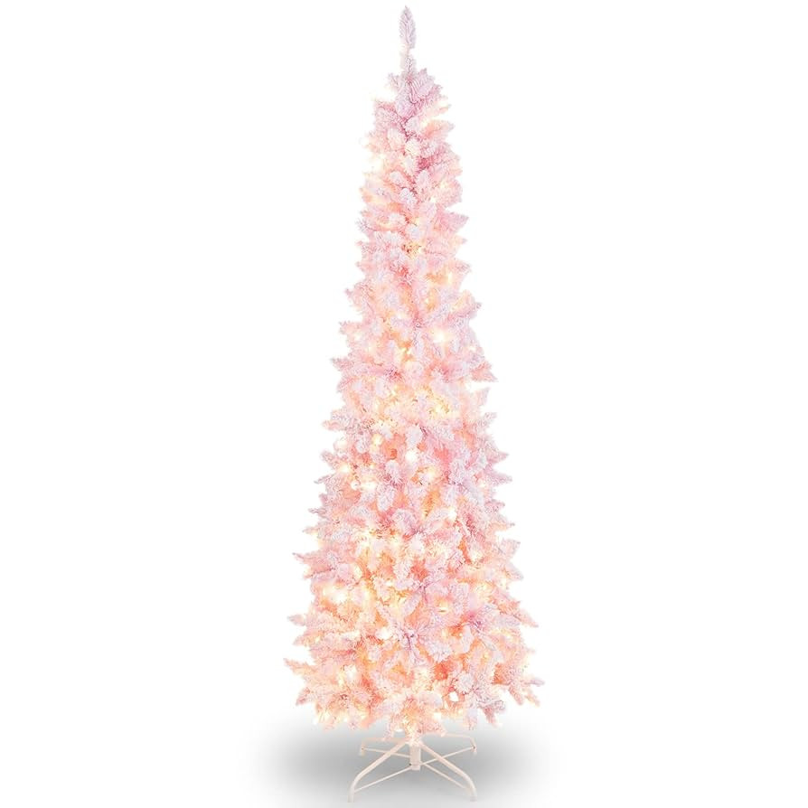 Goplus 7ft Pink Pre-Lit Pencil Christmas Tree, Snow Flocked Artificial Slim Tree with 800 Branch ... | Amazon (US)
