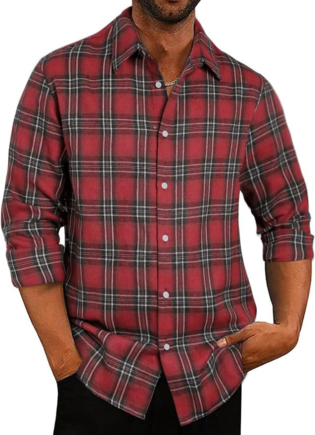 JMIERR Mens Long Sleeve Button-Down Plaid Shirts Casual Cotton Flannel Shirt | Amazon (US)
