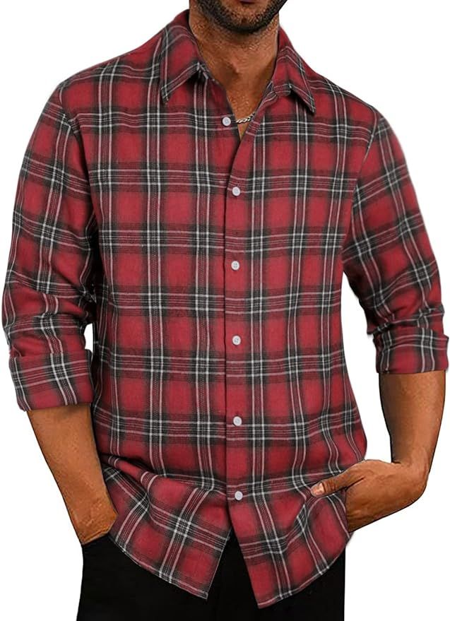 JMIERR Mens Long Sleeve Button-Down Plaid Shirts Casual Cotton Flannel Shirt | Amazon (US)