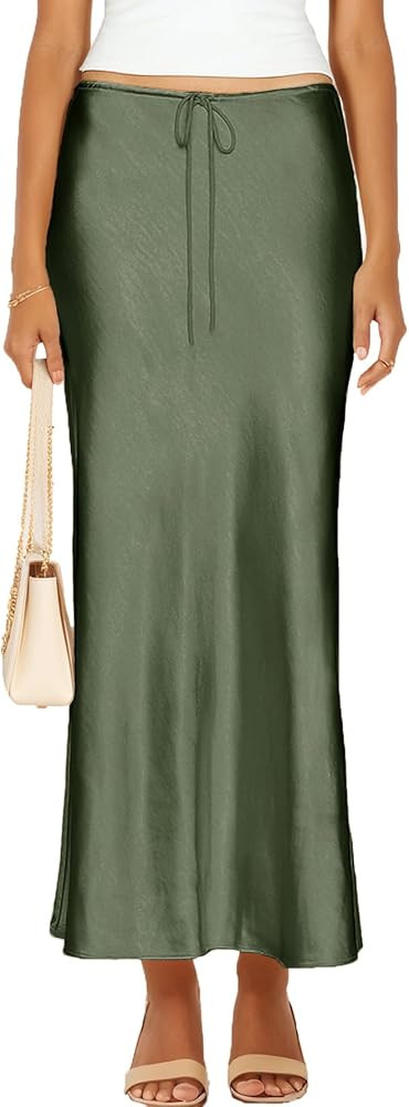 Womens Satin Silk Maxi Skirts Drawstring Flared Casual A-Line Long Skirt for Women | Amazon (US)