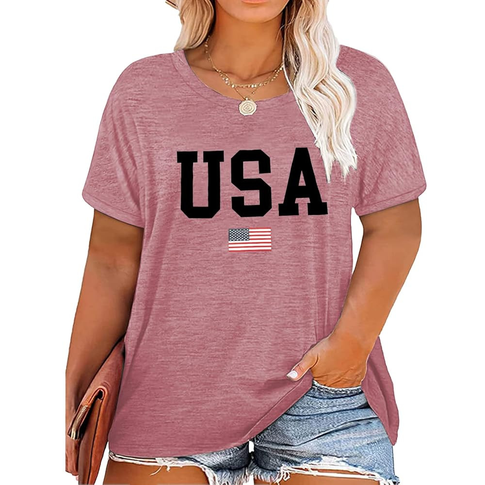 Plus Size USA Flag Shirt for Women 4th of July American Flag Print Tee Tops Short Sleeve Patrioti... | Amazon (US)