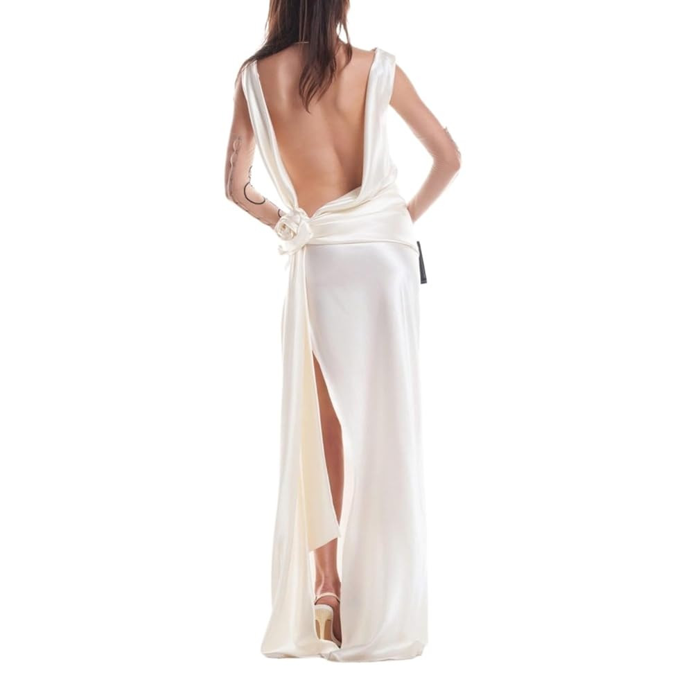 3D Flower Split Backless Dress Women Elegant Pleated Side Long Dresses Evening Party Beach Ribbon... | Amazon (US)