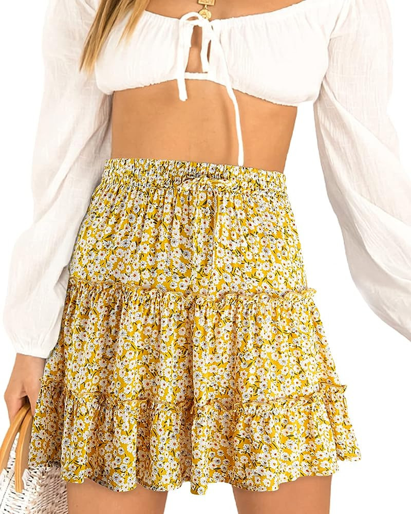 Alelly Women's Summer Cute High Waist Ruffle Skirt Floral Print Swing Beach Mini Skirt | Amazon (US)