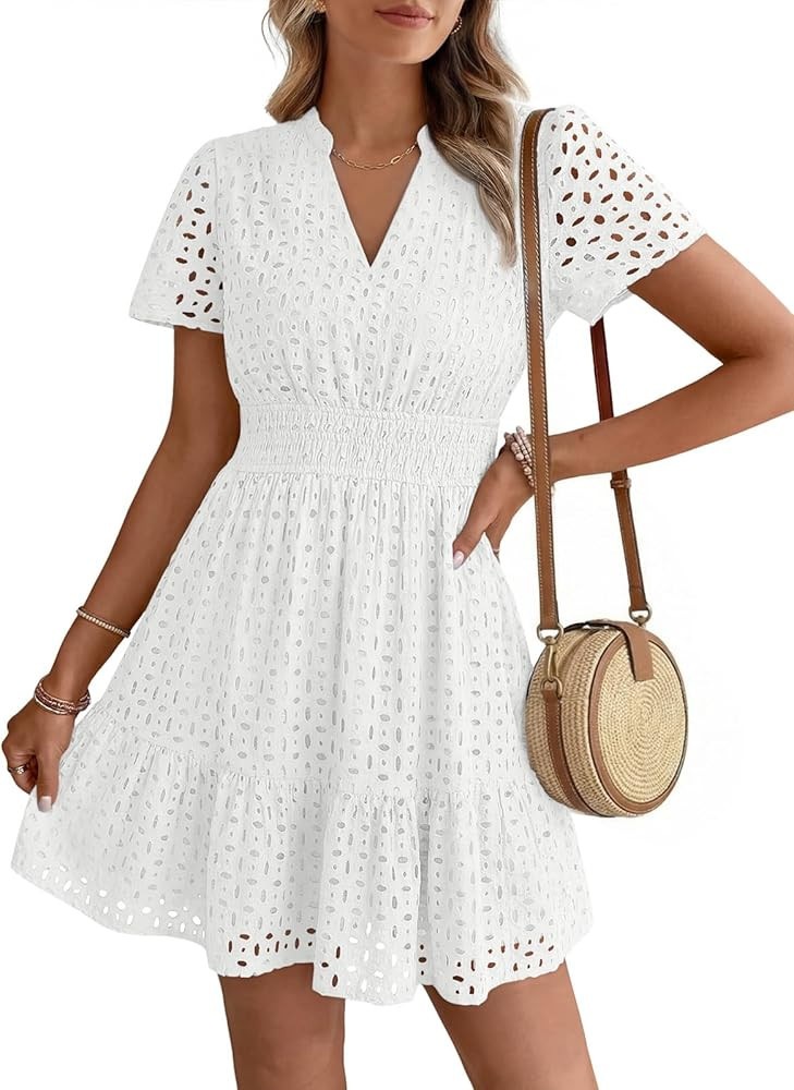 LILLUSORY Womens 2026 Summer Dress Mini V Neck A Line Hollow Out Lace Spring Cute Casual Beach Va... | Amazon (US)